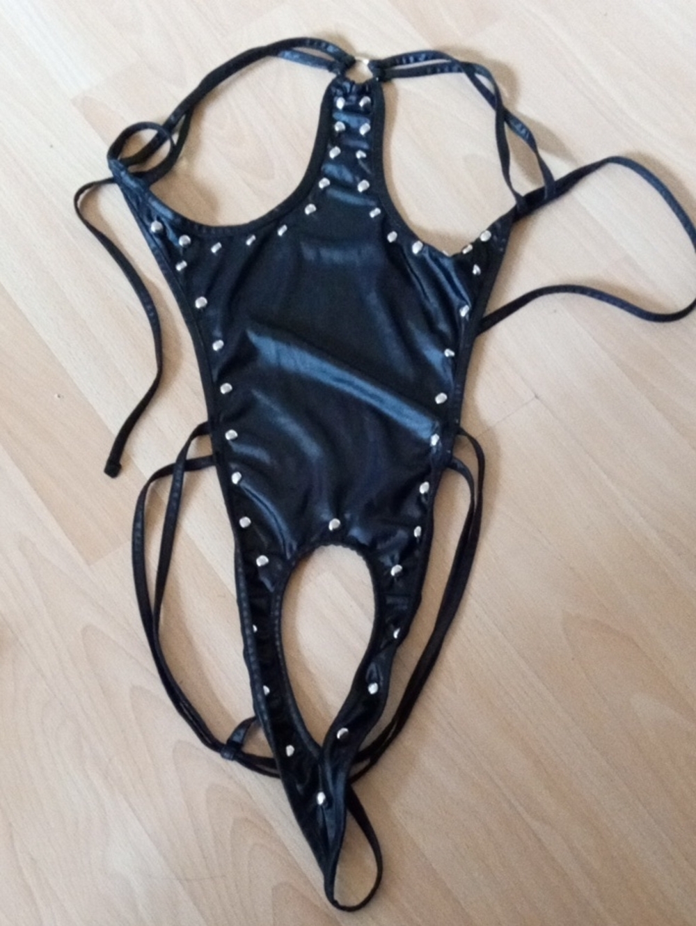 Black Studded Faux Leather Women's One-Piece Bodysuit Nwot